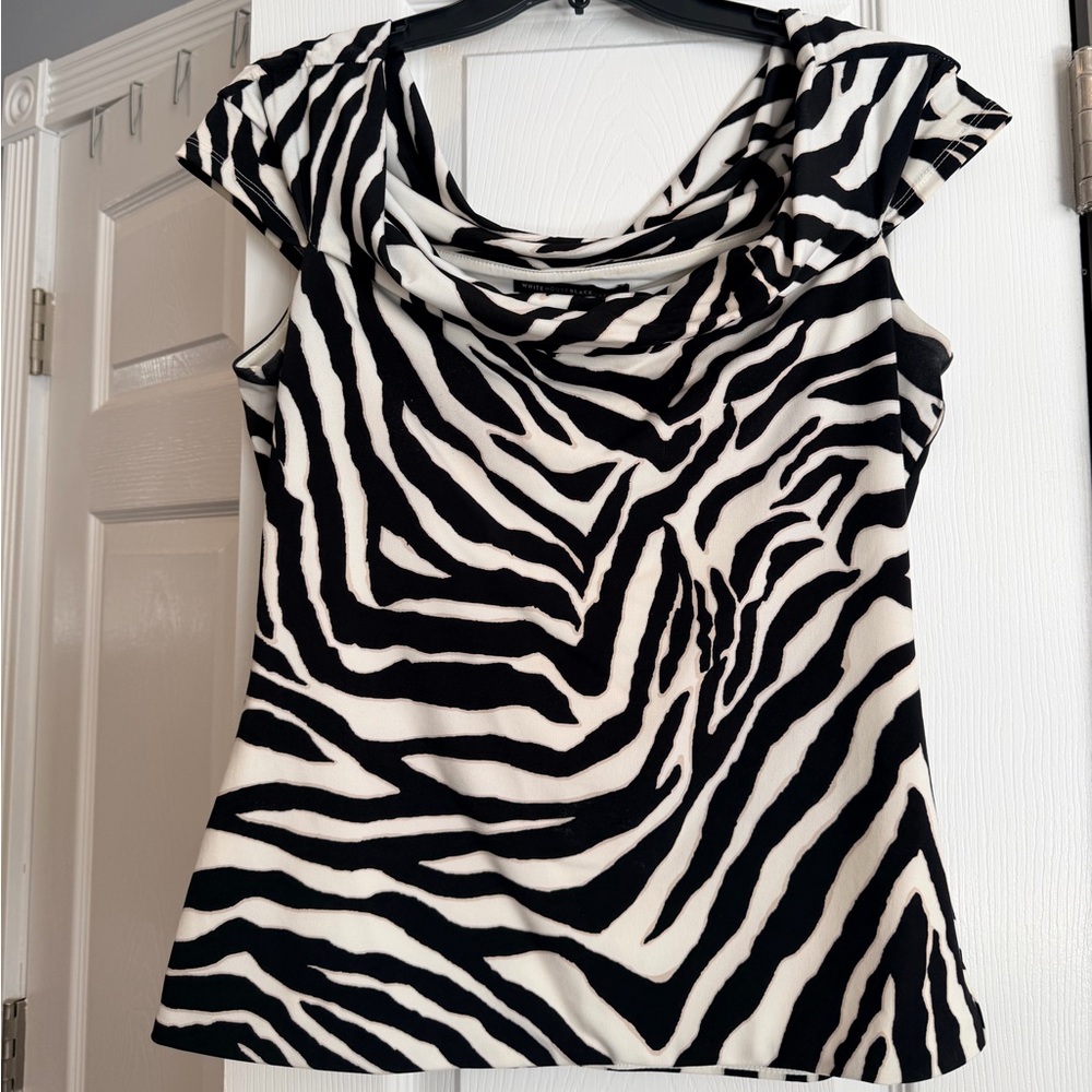 White House Black Market Black and White Zebra Print Cowl Neck Top